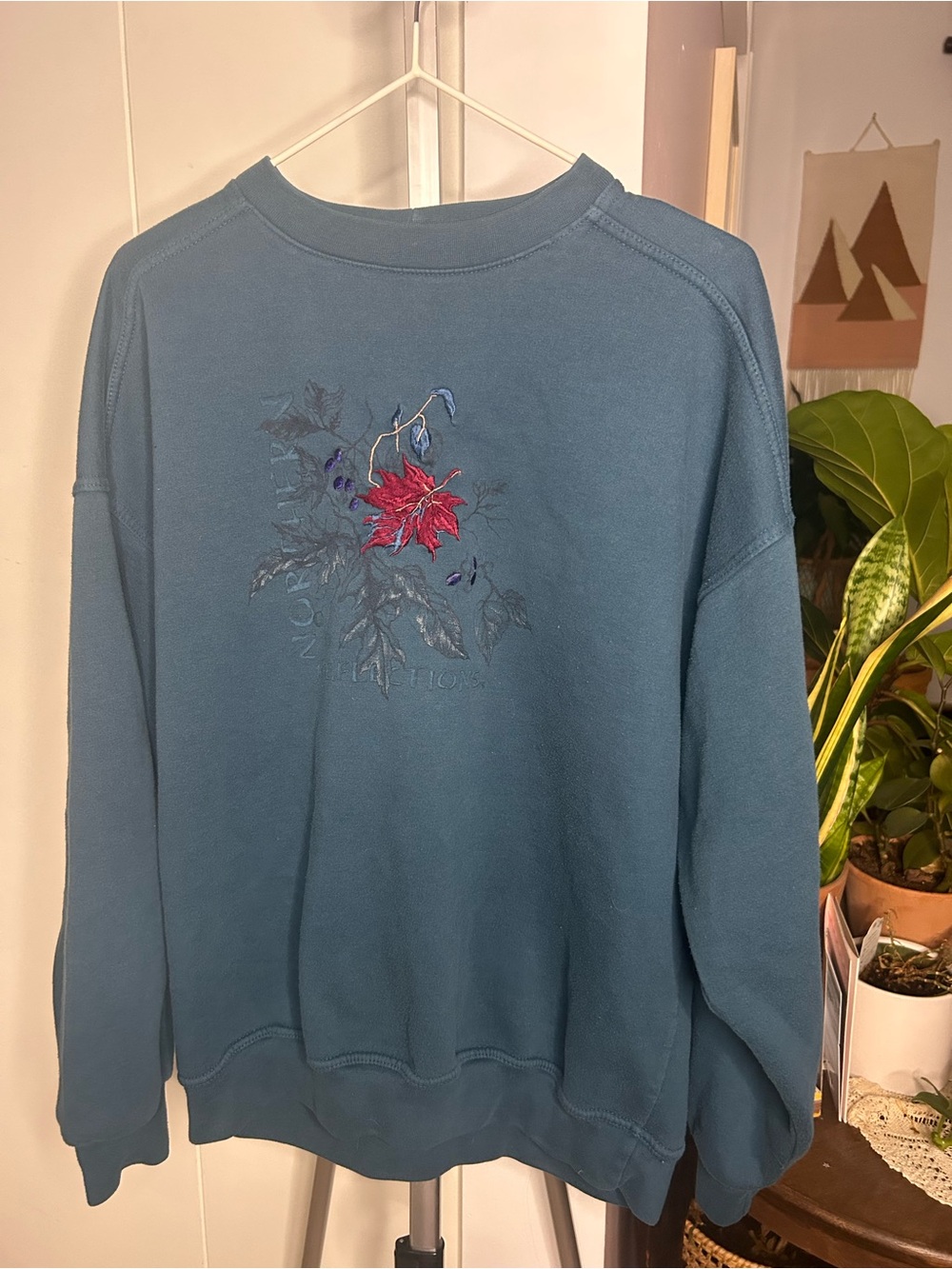 Northern Reflections Teal Crewneck Sweater with Floral Embroidery